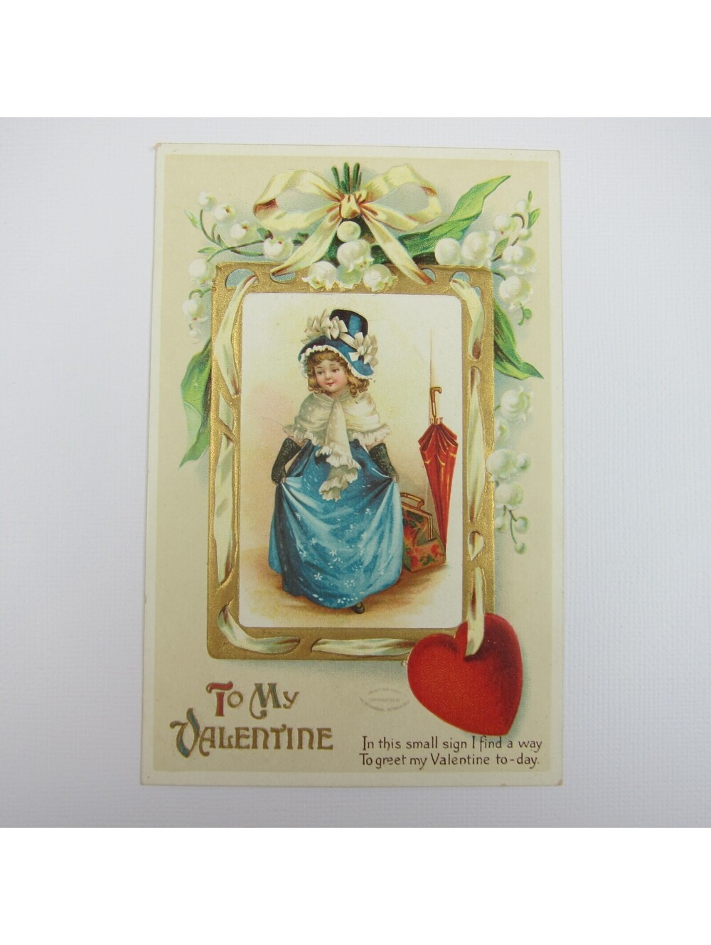 Postcard Greeting Valentine Antique Blonde Girl Blue Victorian Dress & Hat Heart